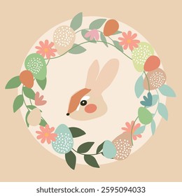 Easter Bunny Floral Wreath - Pastel Spring Vector Illustration