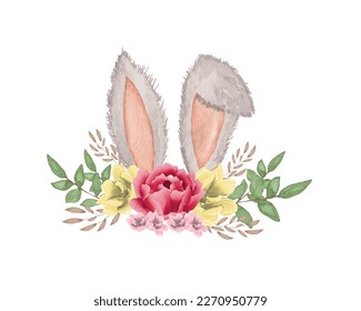 Easter bunny floral wreath watercolor illustration, Easter bunny ear with floral design