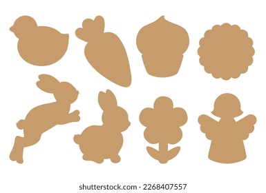 Easter bunny, flower, egg silhouette shapes. Spring design template with cute rabbit silhouettes for die cutting craft, Easter cookie cutter shapes, or gift tag label. Simple minimal spring symbols.