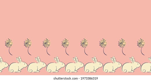 Easter Bunny Flower Frame Border Seamless Pattern. Vector illustration. Great for Easter, birthday, party, gift wrapping, wallpaper, textile and scrapbook 
