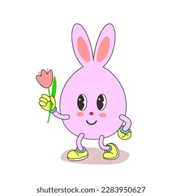 Easter bunny with flower. Groovy, trendy 70s cartoon style. Flat vector.