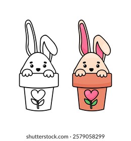 Easter Bunny in a Flower Pot, coloring page. Happy Easter. Color book for kids with colored example.  Vector stock image isolated on white background. 