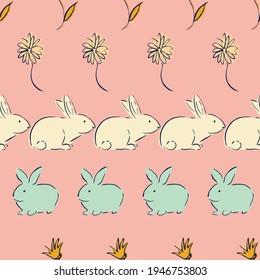 Easter Bunny Flower Seamless Patten. Vector illustration. Great for Easter, birthday, party, gift wrapping, wallpaper, textile and scrapbook 