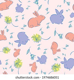 Easter Bunny Flower Seamless Pattern. Vector illustration. Great for Easter, birthday, party, gift wrapping, wallpaper, textile and scrapbook 