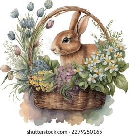 Easter bunny with flowers in a basket