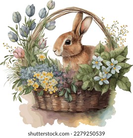 Easter bunny, flowers and basket