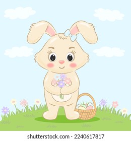 Osterhase mit Blumen und Eierkorb am Himmel und Gras
