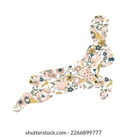 Easter Bunny with flowers, branches, insects ornament symbol of spring. Hare with seamless floral pattern. Isolated on white background. Zodiac 2023. For cards, postcards, invitations.