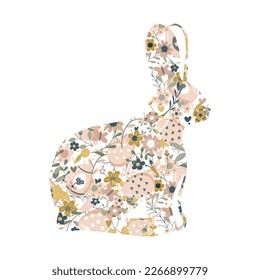 Conejo de Pascua con flores, ramas, insectos ornamentos símbolo de primavera. Cuidar con un patrón floral sin fisuras. Aislado sobre fondo blanco. Zodiac 2023. Para tarjetas, postales, invitaciones.