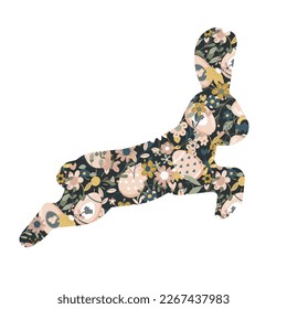 Conejo de Pascua con flores, ramas, insectos ornamentos símbolo de primavera. Cuidar con un patrón floral sin fisuras. Aislado sobre fondo blanco. Zodiac 2023. Para tarjetas, postales, invitaciones.