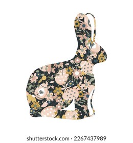 Easter Bunny with flowers, branches, insects ornament symbol of spring. Hare with seamless floral pattern. Isolated on white background. Zodiac 2023. For cards, postcards, invitations.