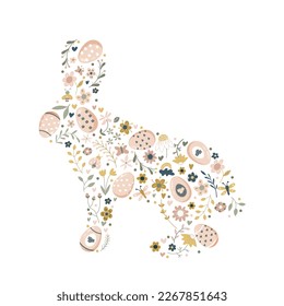 Easter Bunny with flowers, branches, insects ornament symbol of spring. Hare with seamless floral pattern. Isolated on white background. Zodiac 2023. For cards, postcards, invitations.