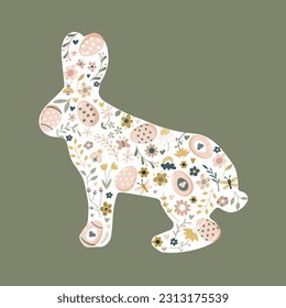 Easter Bunny with flowers, branches, insects ornament symbol of spring. Hare with seamless floral pattern. Isolated on white background. Zodiac. For cards, postcards, invitations.