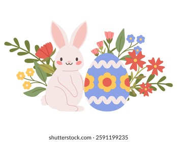 Easter bunny with flowers and decorated egg. Holiday greeting card in flat style