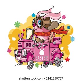 Easter Bunny With Flowers Driving Pink Car