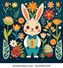 Easter bunny with flowers and eggs. Rabbit with folk flower elements.