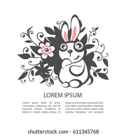 Easter bunny and flowers isolated on white background. Holiday set. Design element for greeting cards or flyers.