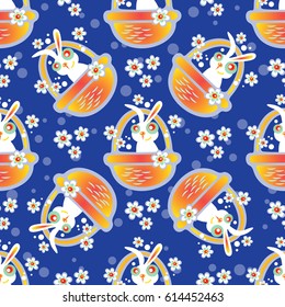 Easter bunny and flowers on blue background. Seamless pattern for wrapping paper or textile print.