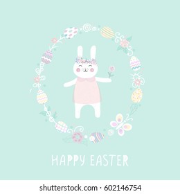 Easter bunny with flowers. polka dot pattern. hand-drawn. Vector illustration