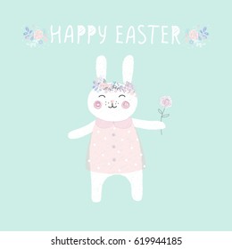 Easter bunny with flowers. polka dot pattern. hand-drawn. Vector illustration
