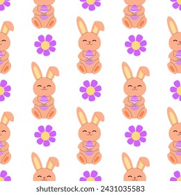 Easter bunny with flowers seamless pattern. Spring floral background, backdrop, digital and wrapping paper.