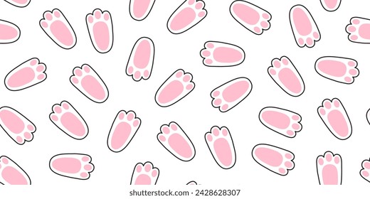 Easter bunny footprint seamless pattern, rabbit paw trace background, cartoon hare line print. Cute animal illustration