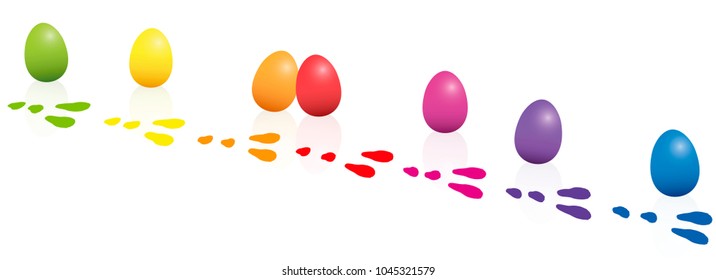 Easter bunny footprints with some lost easter eggs in the same colors as the tracks - horizontal isolated vector illustration on white background.