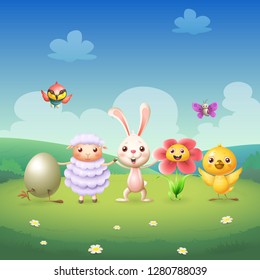 Easter bunny and friends celebrate Easter and spring - egg chicken sheep flower butterfly and bee-eater bird on spring landscape background