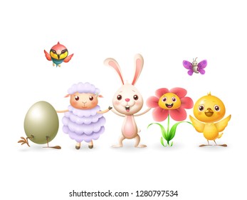 Easter bunny and friends celebrate Easter and spring - egg chicken sheep flower butterfly and bee-eater bird - isolated on white