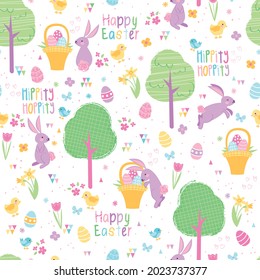 Easter Bunny and friends vector pattern. This pattern repeats seamlessly and depicts a fresh, spring Easter morning.