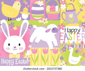 Easter Bunny and friends vector pattern. This pattern repeats seamlessly and depicts a fresh, spring Easter morning.