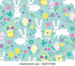 Easter Bunny and friends vector pattern. This pattern repeats seamlessly and depicts a fresh, spring Easter morning.