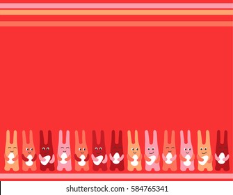 Easter bunny fun three Easter eggs background for greetings card red