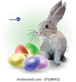 Easter bunny, funny cartoon greeting Easter painting card. Rabbit with color set of five decorative eggs. Happy Easter for you. Low poly graphics, vector. Traditional spring holiday, Christianity  