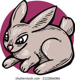 Easter bunny. Funny little rabbit. Fluffy lovely cute with big eyes. Best friend for baby, kid, children, girl, boy, girlfriend, spring  party poster, celebration. Retro vintage vector illustration.
