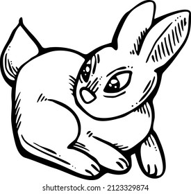 Easter bunny. Funny little rabbit. Fluffy lovely cute with big eyes. Best friend for baby, kid, children, girl, boy, girlfriend, spring  party poster, celebration. Retro vintage vector illustration.
