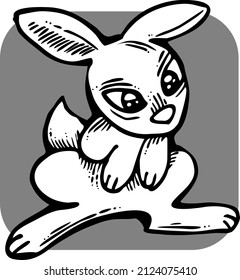 Easter bunny. Funny little rabbit. Fluffy lovely cute with big eyes. Best friend for baby, kid, children, girl, boy, girlfriend, spring  party poster, celebration. Retro vintage vector illustration.