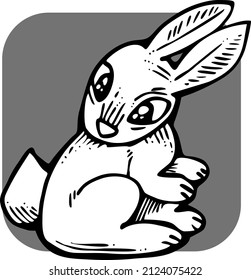 Easter bunny. Funny little rabbit. Fluffy lovely cute with big eyes. Best friend for baby, kid, children, girl, boy, girlfriend, spring  party poster, celebration. Retro vintage vector illustration.