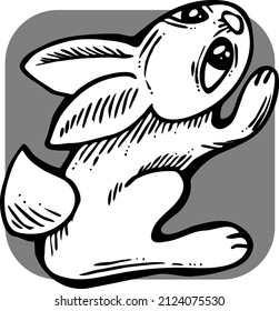Easter bunny. Funny little rabbit. Fluffy lovely cute with big eyes. Best friend for baby, kid, children, girl, boy, girlfriend, spring  party poster, celebration. Retro vintage vector illustration.