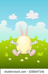 Easter bunny get out of egg - outdoor nature background