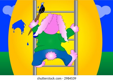Easter bunny, getting ready for the holiday. Painting an Easter egg.Vector illustration.