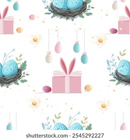 Easter Bunny Gift Boxes and Eggs Pattern. Seamless Spring Easter. Design with Gifts and Flowers
Cute Easter Bunny Ears, Eggs, and Flowers Pattern