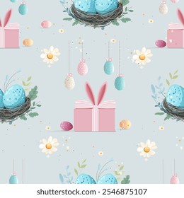 Easter Bunny Gift Boxes and Eggs Pattern. Seamless Spring Easter. Design with Gifts and Flowers
Cute Easter Bunny Ears, Eggs, and Flowers Pattern