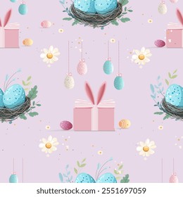 Easter Bunny Gift Boxes and Eggs Pattern. Seamless Spring Easter. Design with Gifts and Flowers
Cute Easter Bunny Ears, Eggs, and Flowers Pattern