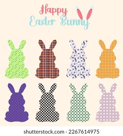 Easter Bunny With Gingham, Check, Flower Pattern. Design Elements For Party, Holiday, Birthday Prints