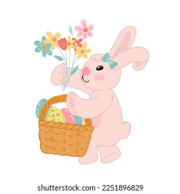 Easter bunny girl with basket of colored eggs in cute kawaii style, flat vector illustration isolated on white. Funny hand drawn rabbit with easter eggs and flowers for holiday cards and posters.