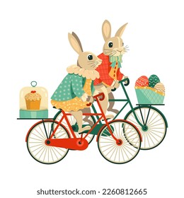 Easter bunny girl and boy ride bicycle festive vector icon. Funny rabbits carrying Easter gifts isolated cartoon illustration. Easter party design element. Festive family event invitation background