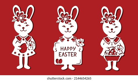 Easter bunny girl for cutting card. Set vector illustration