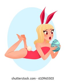 Easter bunny girl illustration. Young smiling girl wearing bunny ears holding a big egg. Vector