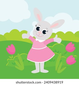 Easter bunny girl in a pink dress. The animal is in a green meadow. Illustration in cartoon style.